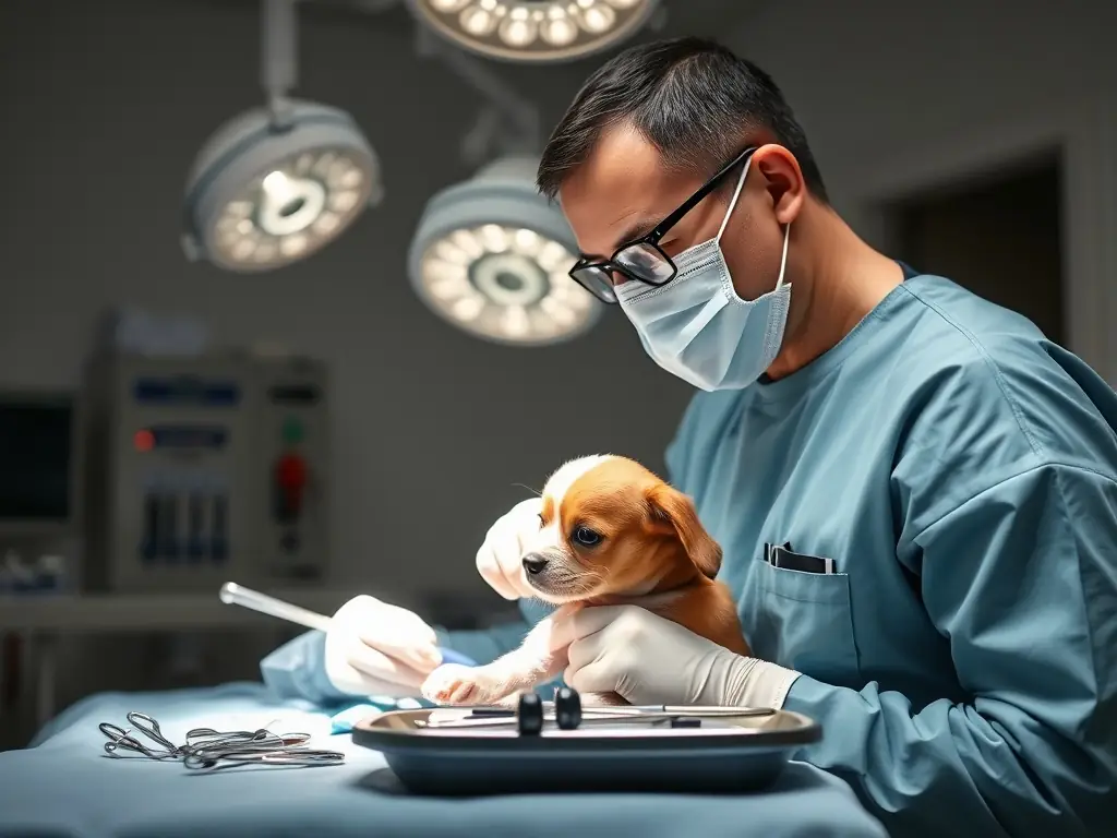 A veterinary surgeon performing a delicate operation on a small dog, with advanced medical equipment visible in the background.