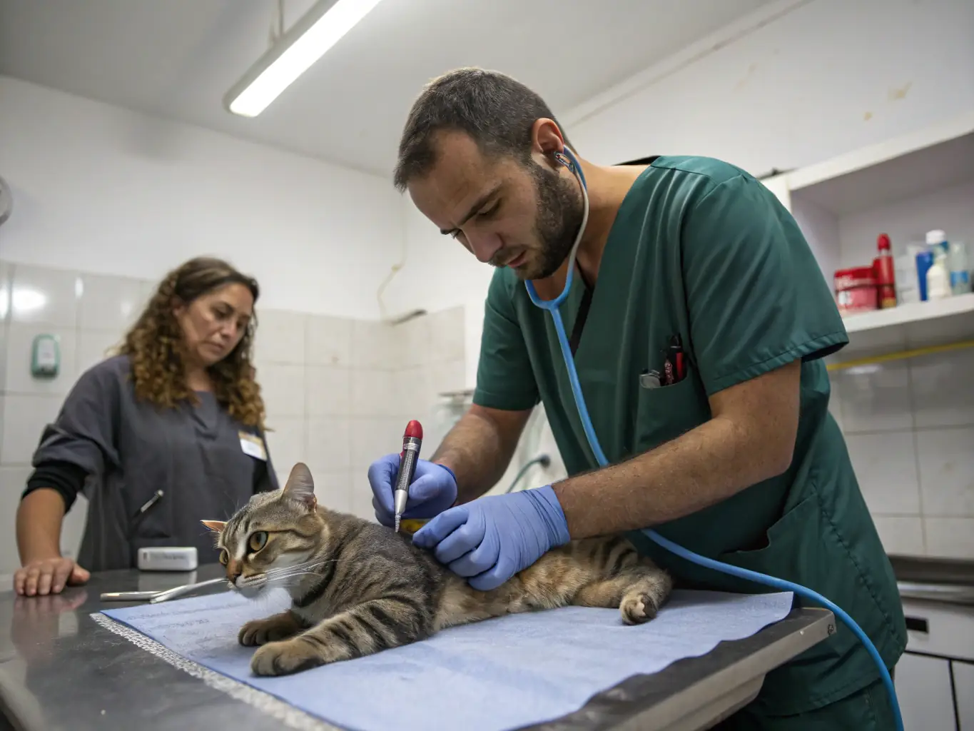 A veterinarian comforting a cat in an emergency room setting, with various medical devices and monitors visible.