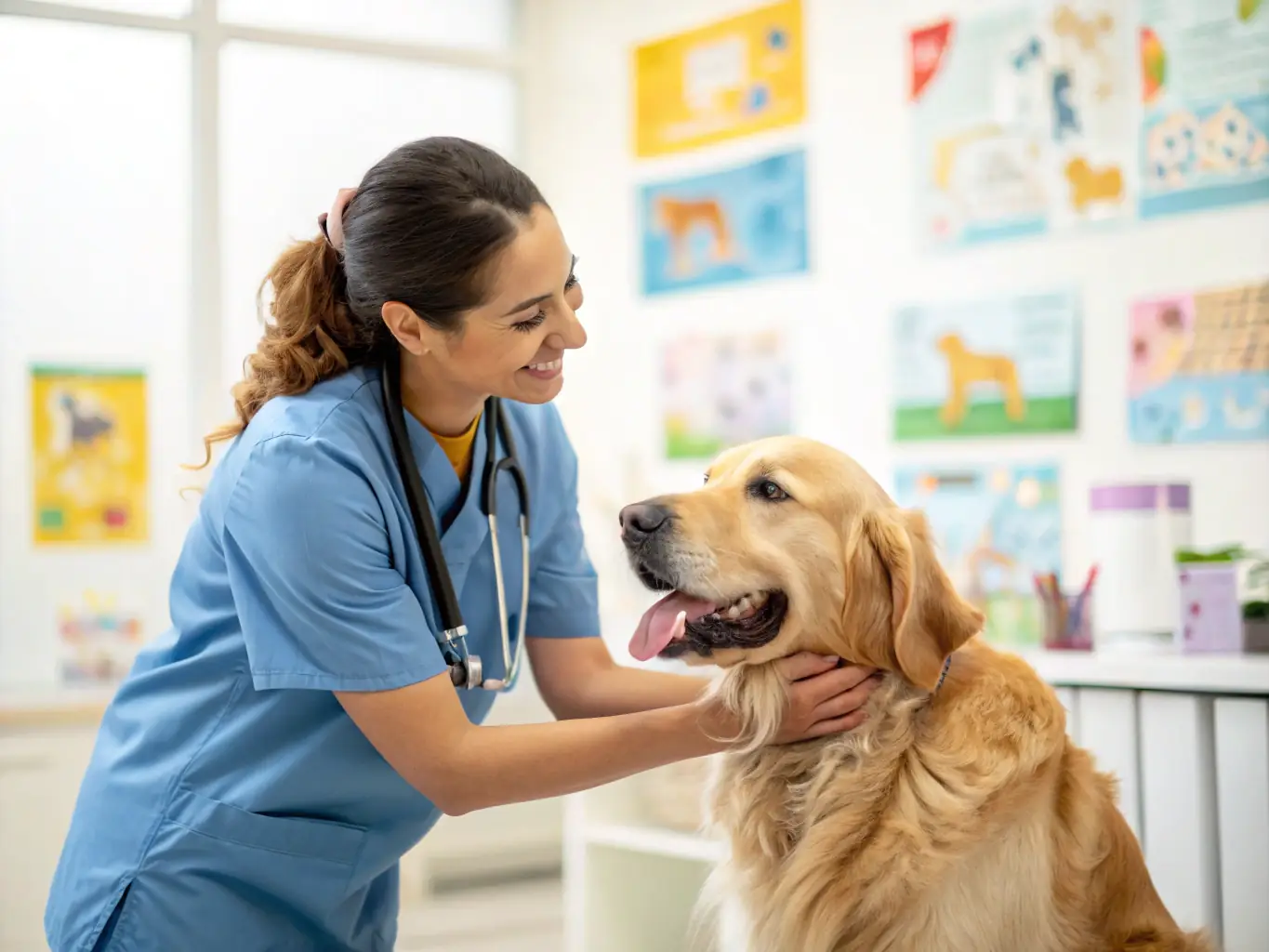 A veterinarian gently examining a golden retriever on an examination table, with a focus on the vet's caring expression and the dog's relaxed posture.